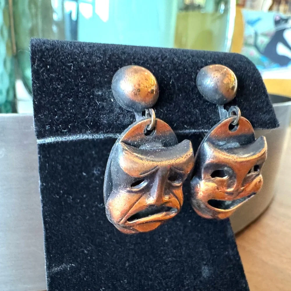Vintage Copper Comedy and Tragedy Mask Earrings